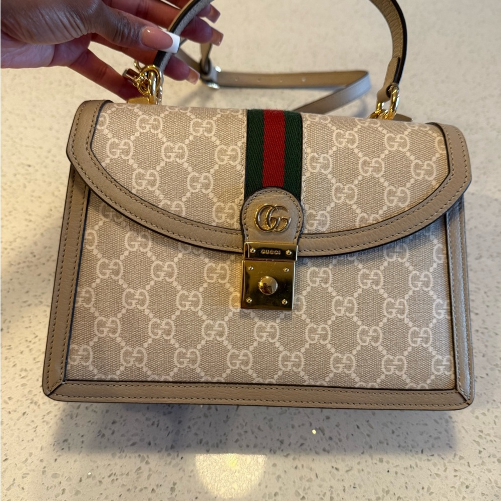 Gucci Beige and Green Canvas Shoulder Bag